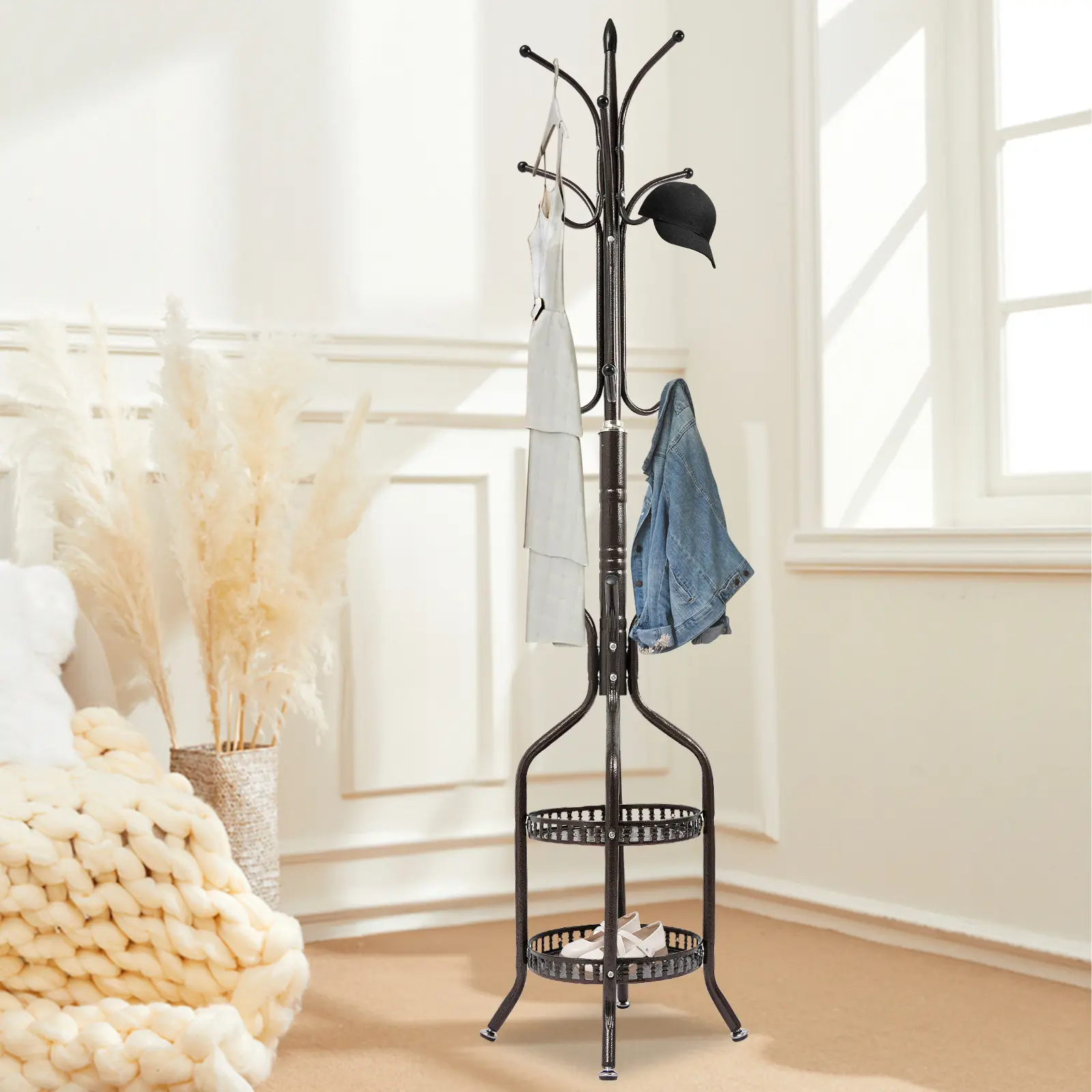 Bronze Free-Standing Coat Rack Hanger Stand - Modern Home Organizer, 31×31×185 cm, 4 kg Weight, 15 kg (33 lbs) Capacity, Holds Hats & Bags, Space-Saver for Bedroom, Boutiques & Dormitories, Stores Coats & Scarves