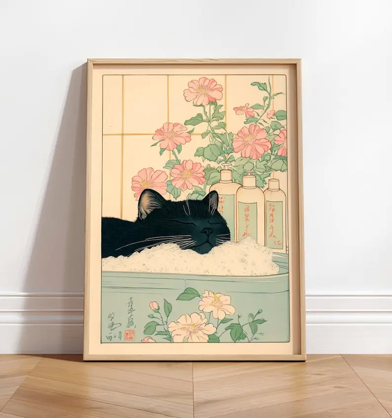 Black cat in a bathtub Poster, Japanese bathroom wall art, Relaxation poster, Japan cat wall art