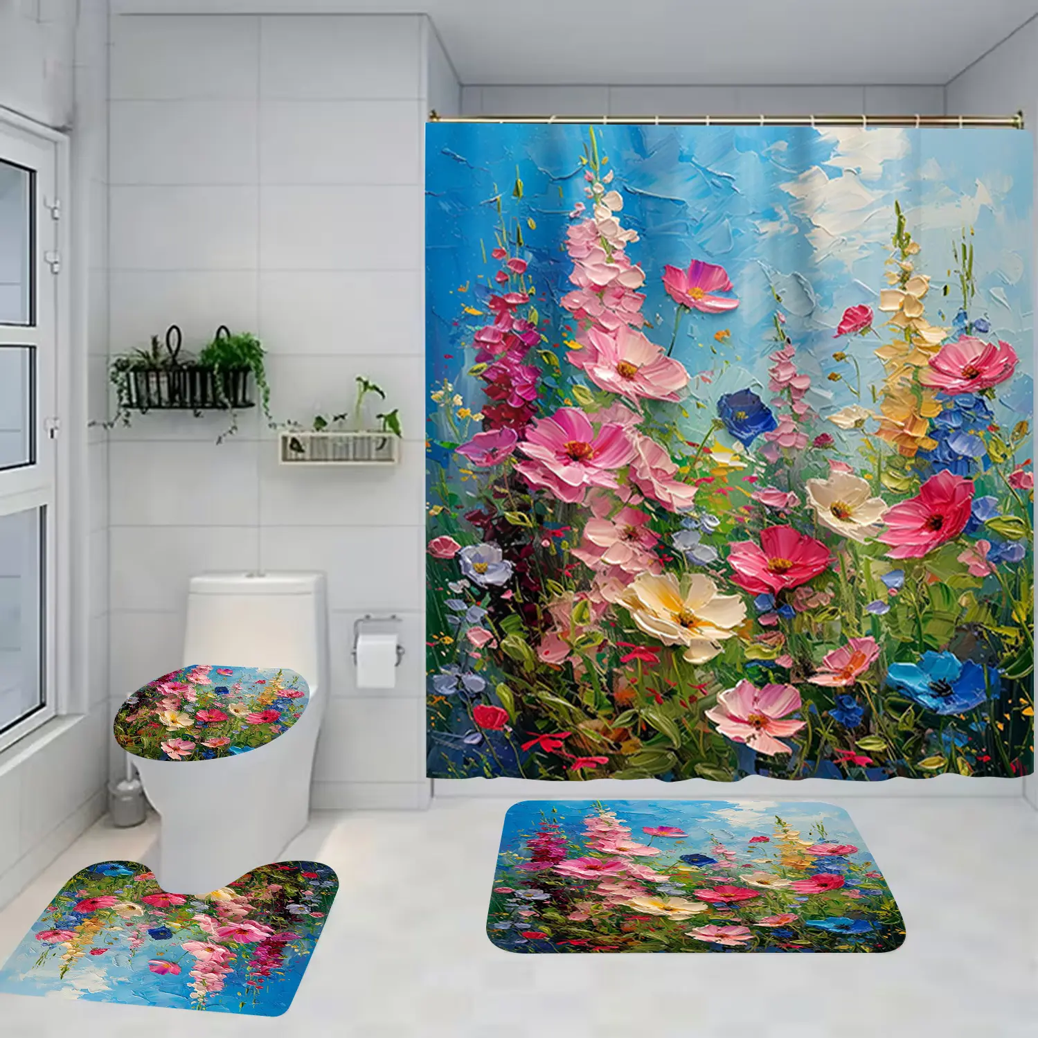 1/4 piece colorful flower design bathroom set, Bathroom decoration accessories, including soft floor mat, toilet seat cushion, shower curtain, home decoration, floor mat with good rebound, water absorption, anti slip, Bathroom Accessory