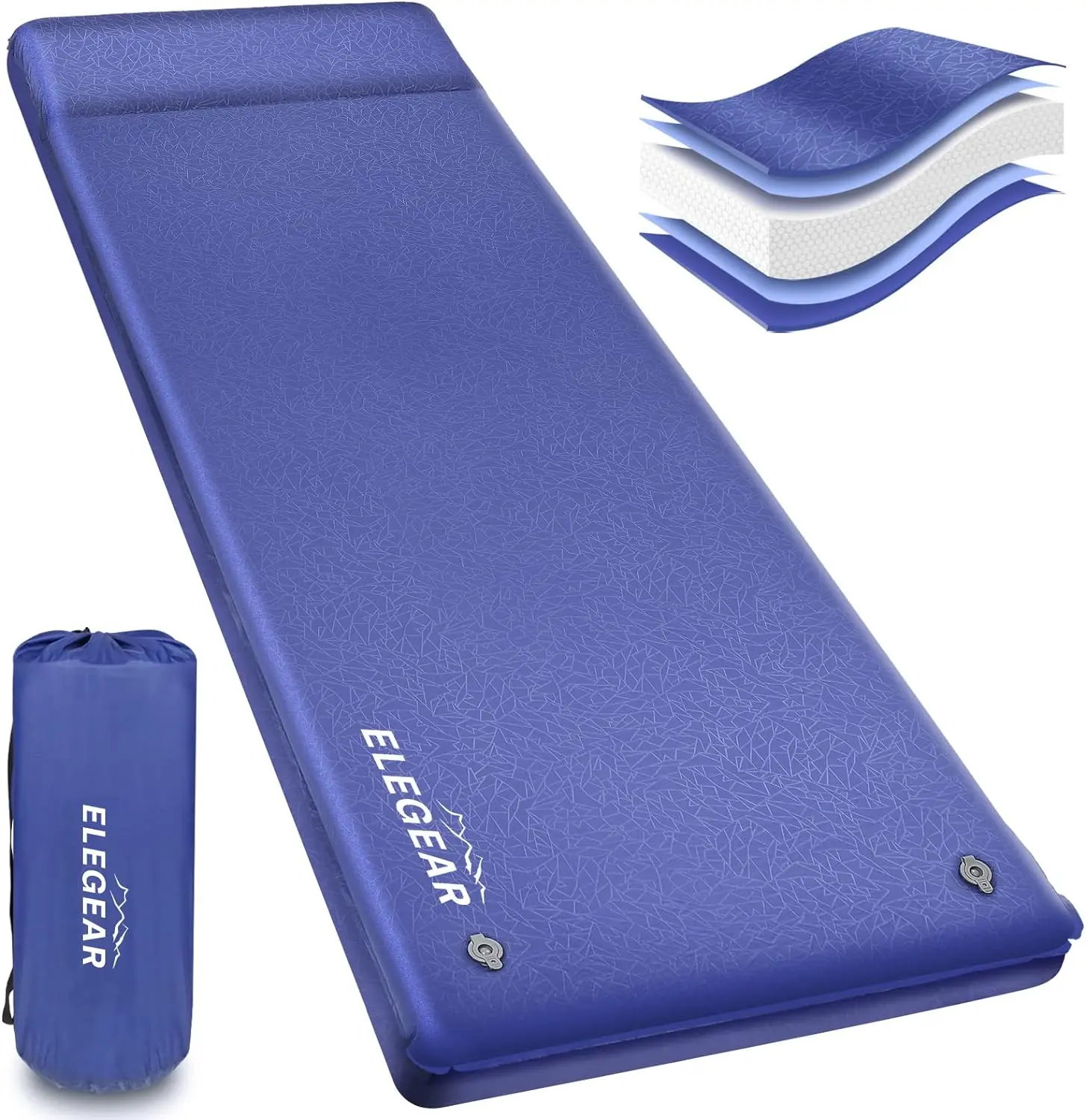 ELEGEAR Self-Inflating Sleeping Pad - 3.1" Thick Memory Foam Camping Mat with Pillow, 4-Season Portable Airbed, 9.5 R-Value, Ergonomic Neck Support, Quick Self-Inflation, Breathable, 2-Valve Design, Wear-Resistant for Tent & Car Camping, Emergency Blanket