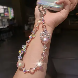Crystal bead mobile phone chain, wrist pendant beaded bracelet, portable women's short mobile phone case lanyard universal