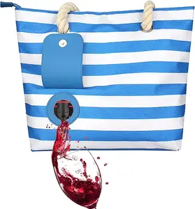 Beach Wine Tote Bag, Wine Cooler Bag Leakproof Insulated Purse Carrier with Spout Hidden Compartments, Holds 2 bottles of Wine for Travel