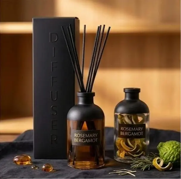 Luxury Rosemary Bergamot Aroma Reed Diffuser, Scholar of the Sun Glass Decor Kit with Box (Home Fragrance Home Care Supply)
