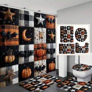 Halloween Pumpkin Bat Moon Star Print Decorative Shower Curtain Set, Includes Hooks, Non-Slip Bath Mat, U-Shaped Rug, Toilet Lid Cover, Home Decor