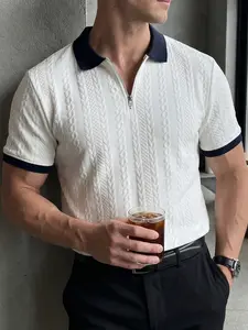 Men's Summer Textured Polo Shirt Top, Contrast Half-Zip, Casual Style, Perfect for Daily Commute, Travel, Vacation, Urban Mature Look