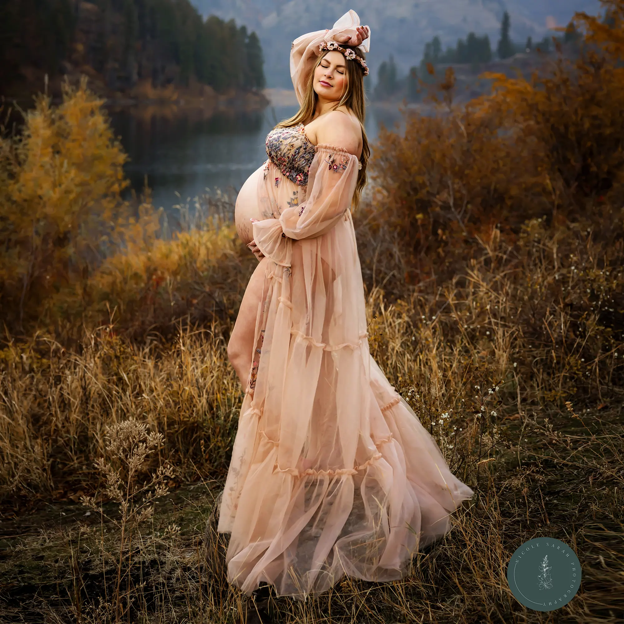 Tulle Floral Embroidered Front Slit Dress Maternity and Non-maternity Gown Photography Dress Evening Party Baby Shower for Photo Shoot