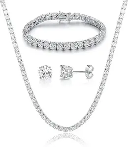 [Unisex] Gemsme Tennis Necklace/Bracelet/Earrings Sets Pack of 3 Round Cut 4 Prongs Cubic Zirconia Waterproof For Women For Men Hypoallergenic Birthday