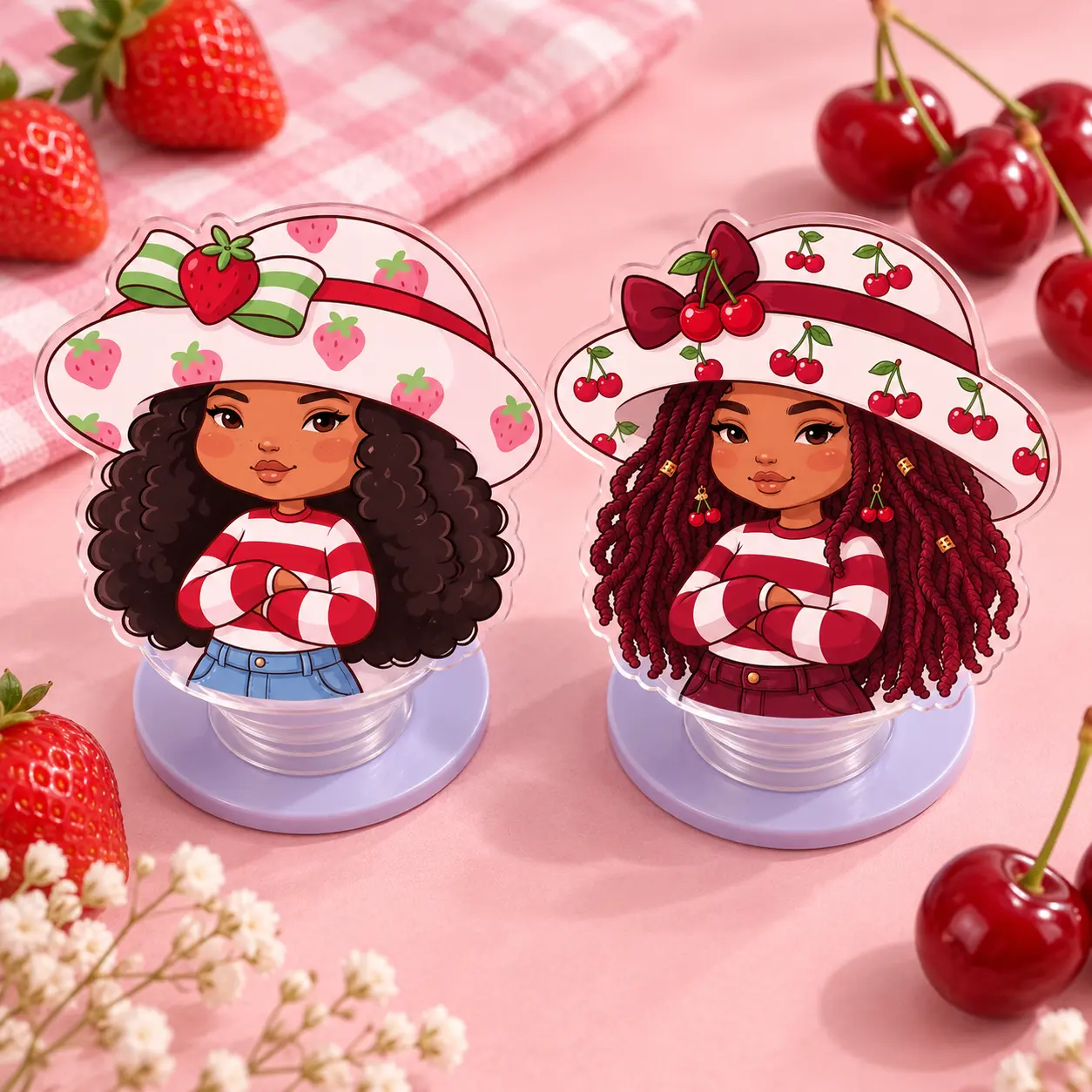 Cute Strawberry Cherry Girl Hat Acrylic Magnetic Phone Grip - Removable Holder Stand Cute Strawberry Cherry Girl Hat Acrylic Magnetic Phone Grip - Removable Holder Stand