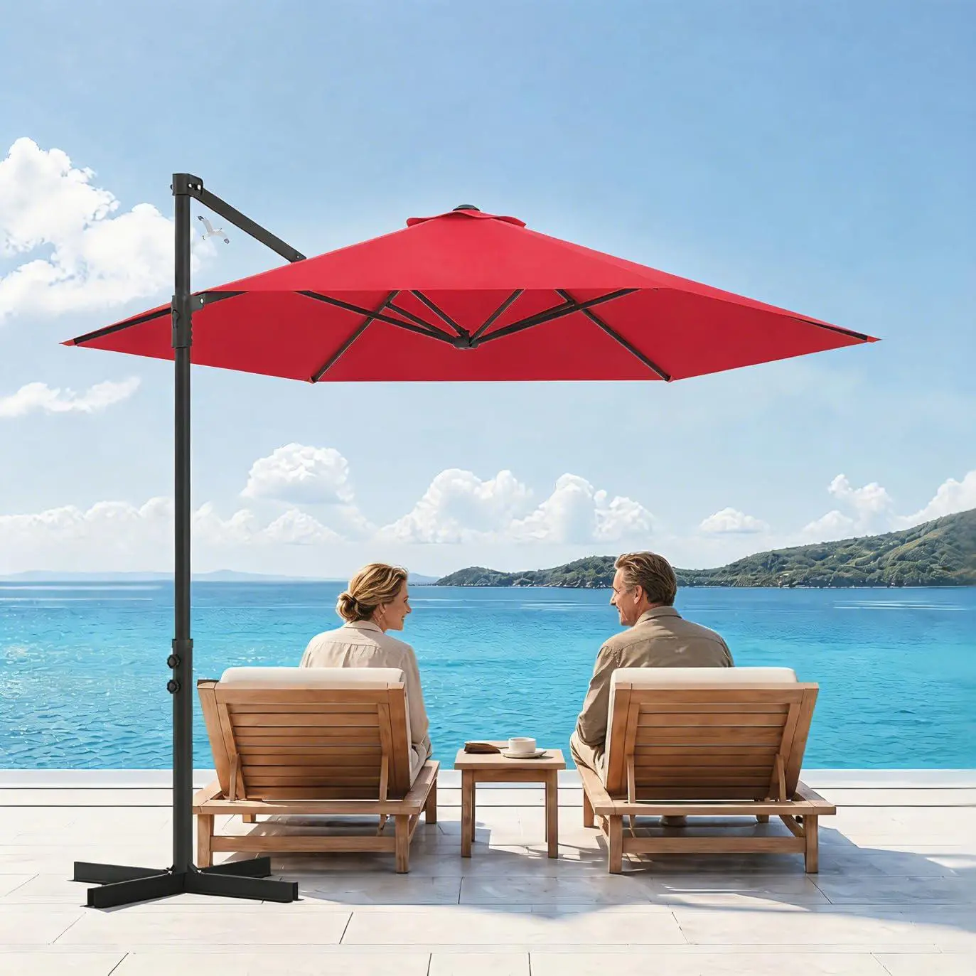 GARVEE 9ft Cantilever Patio Umbrella with Base, Offset Hanging Outdoor Umbrella with 3-Section Pole, UV Protection, Easy Tilt & Crank System for Garden, Deck, Poolside,Red