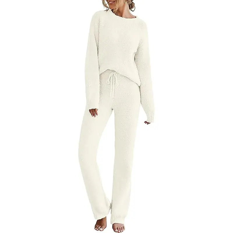 Women's Minimalist Basic 2-Piece Fuzzy Fleece Long-Sleeve Loungewear Set - Lady's Nightwear Pyjamas with Sweater & Pants