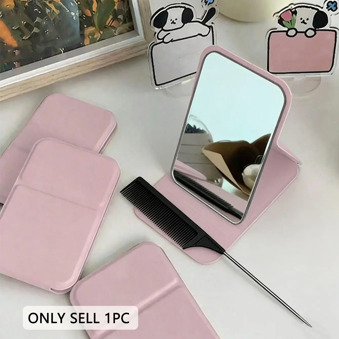 Portable Foldable Makeup Mirror, Pointed Tail Portable Organizing Comb, PU Leather Compact Mirror, Hand Held Mirror, Travel Essential, Cosmetic Necessity, Easy To Store, Ideal for Birthday, Graduation Gifts, Portable Mirrors