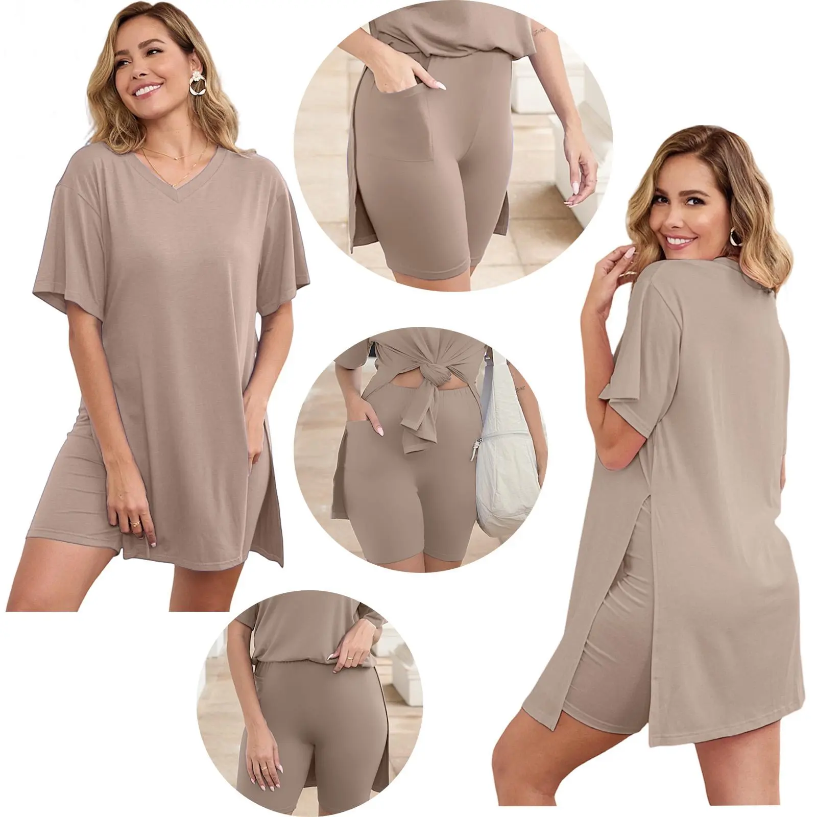 METAONLY Women Plus Size 2 Piece Outfits Short Sleeve Tunic Tops and Skinny Biker Shorts Sets Tracksuits Womenswear Bodycon Split Hem Lounge#springtok
