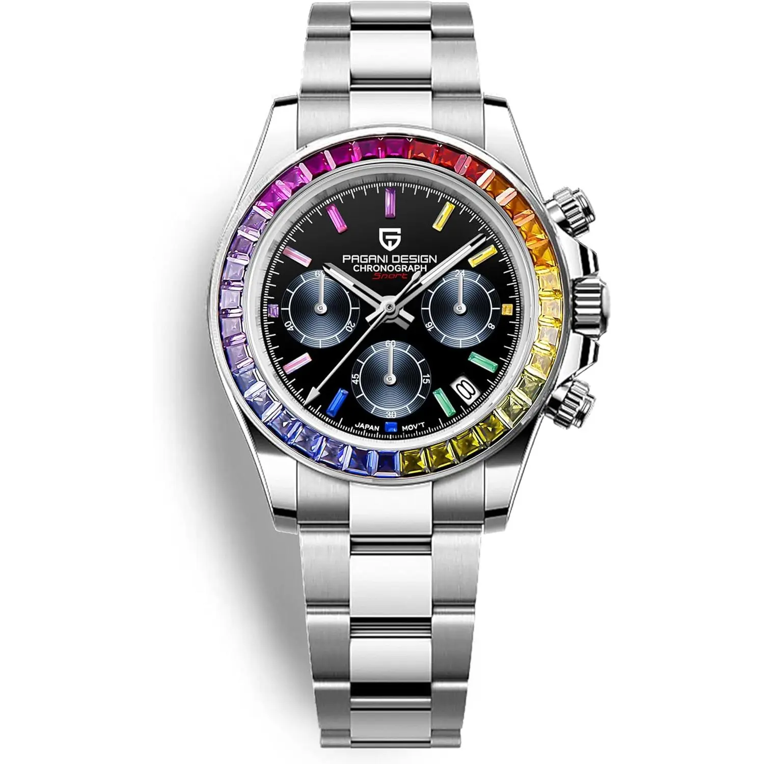 Pagani Design PD1644 Mens Quartz Chronograph Watch VK63 Movement,  , Rainbow Bezel, Stainless Steel, 100M Water Resistant  Wristwatch
