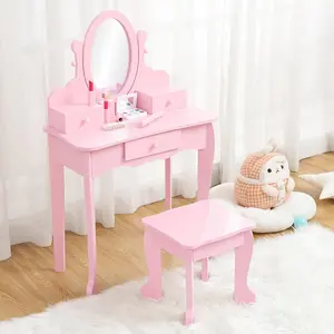 Wooden Kids Vanity Set with Mirror & Drawer - Princess Makeup Table and Stool for Girls - Dress-Up Play Furniture - for Ages 4-9 - Bedroom or Playroom White Pink