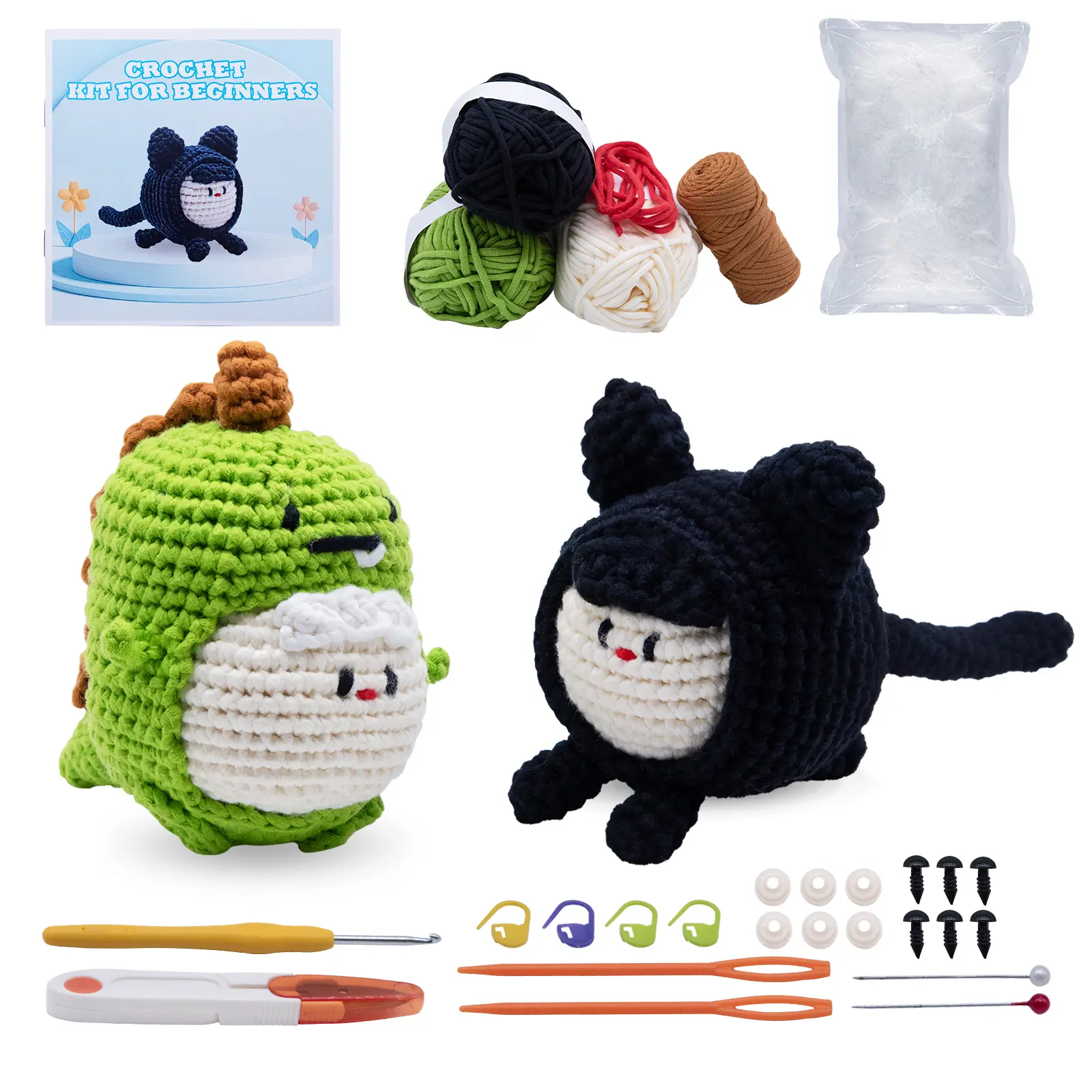 Kawaii Tiny Animal Crochet Starter Kit for Beginners - Soft Yarn Dinosaur & Black Cat Stuffed Dolls, Yarn, Hook, Safety Eyes, Step-by-Step Instructions (Holidays Stocking Stuffers for Teens, Boosts Creativity, Unisex DIY Craft)