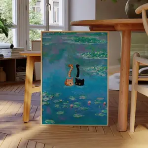 Black & Orange Cat Print with Monet Waterlily – Funny Wall Art Poster, Perfect for Home & Valentine's Day Decor