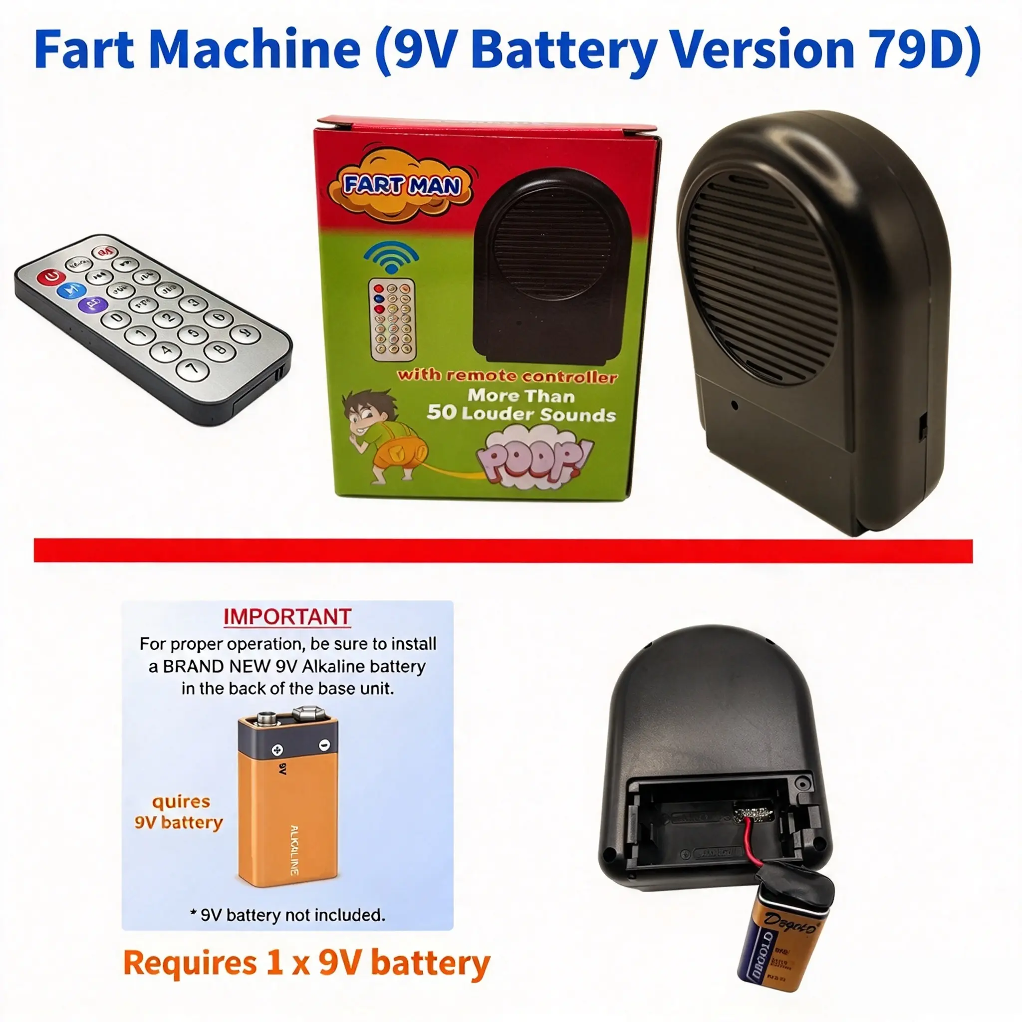 Fart Machine 9V Battery Version with Remote Controller More Than 50 Louder Sounds Requires 1 x 9V Battery Gag Gift for Adults Easy to Hide Anywhere