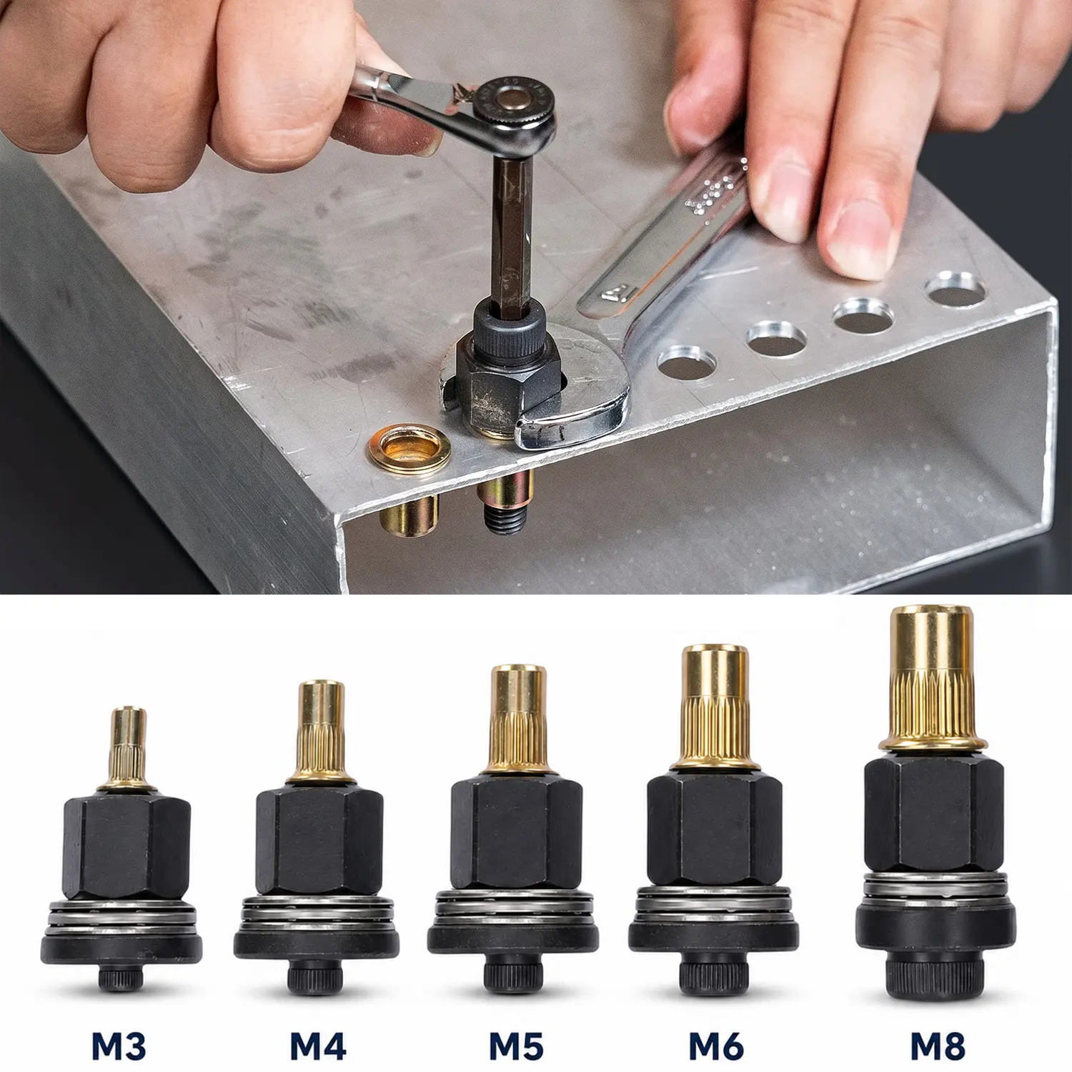 5PCS Rivet Nut Tool Kit, M3 M4 M5 M6 M8 Rivnut Kit, Carbon Steel Rivnut Set, Threaded Rivet Nut Kit, Manual Riveter Rivnuts Tool Accessory for Automotive Repair Warehouses