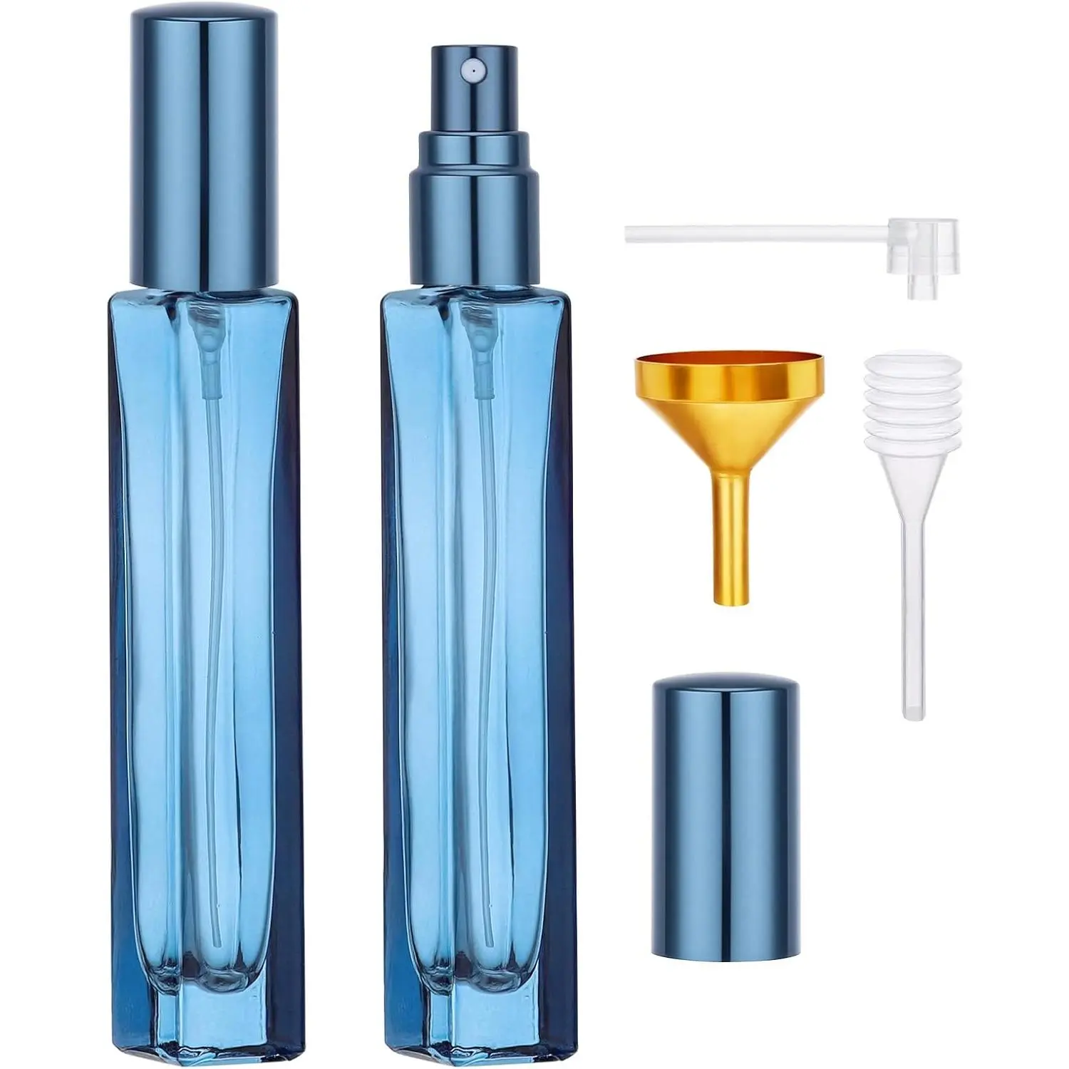 0.34oz Glass Mini Perfume Spray Bottles, 2 count 10ml Travel Perfume Bottle Refillable Atomizer, Dark Blue Travel Size Refill Bottle with Funnel and Dropper, Glass Cologne Sprayer Atomizer