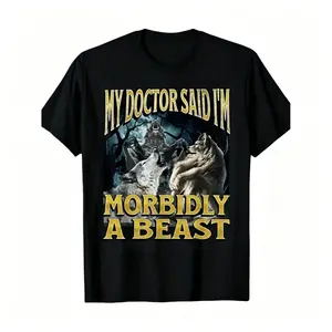 Humorous Spooky Werewolf Alpha Short Sleeve T Shirt Playful Emoji Graphic Casual Top Unisex Couple Gift Multiple Sizes