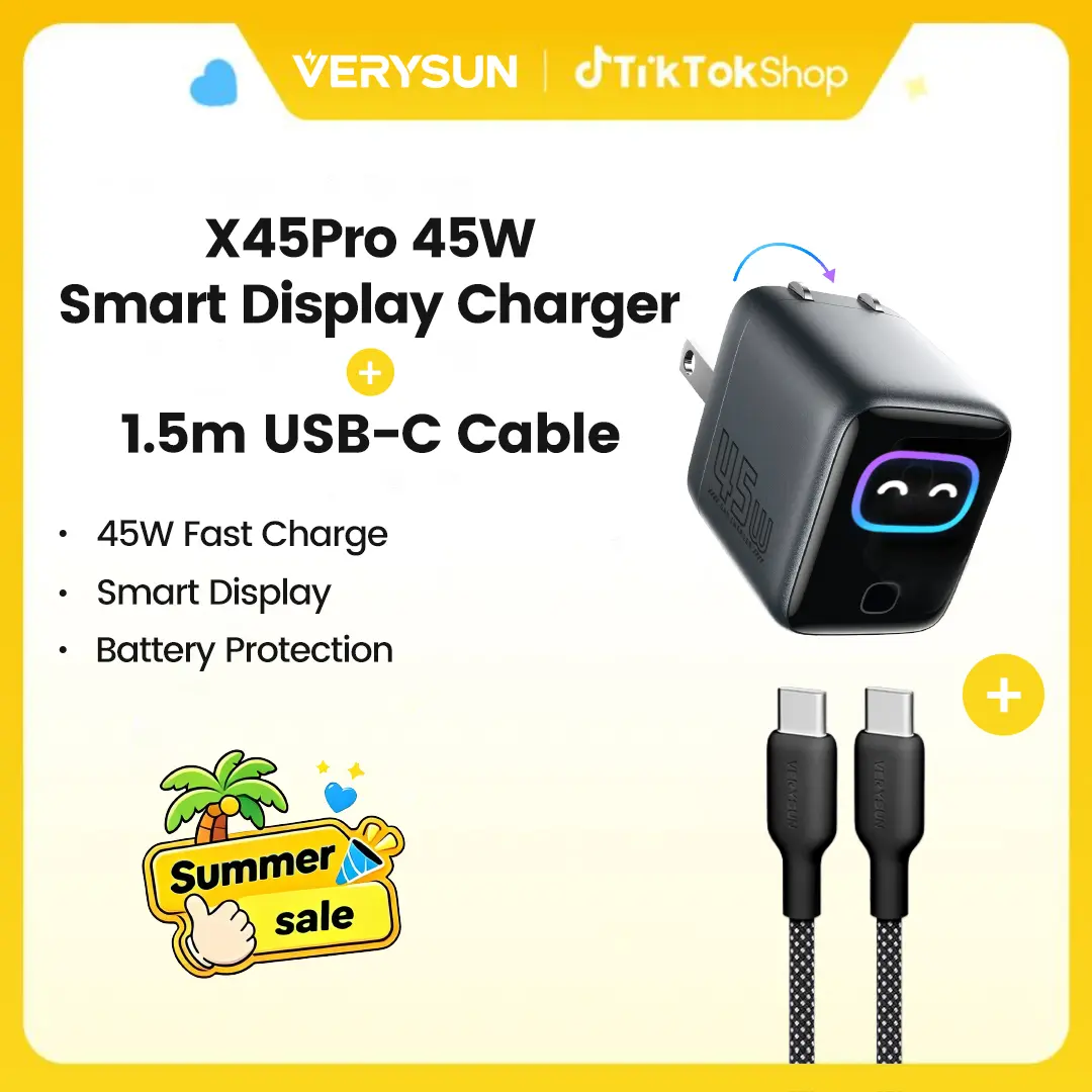 Verysun Smart Display Charger 45W Fast Charging with LED Display, 1.5 m USB-C to USB-C Cable Included, Switchable Charging Modes for Battery Health, Compact Foldable Plug, All-in-One for iPhone, iPad, MacBook, Type-C Charger, Summer
