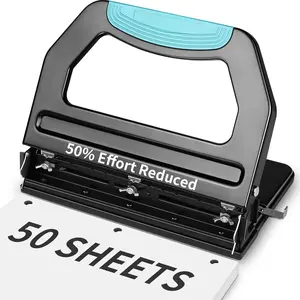 Heavy Duty 3 Hole Punch, 50-Sheet, 50% Reduced Effort, Adjustable Two & Three Hole Punch, Metal Paper Puncher w/Large Chip Tray, Metal Paper Guide, Black