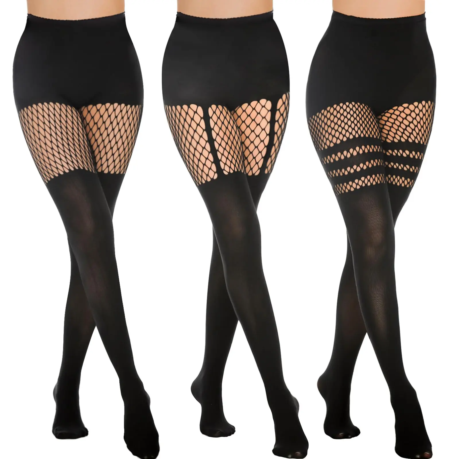 TIVIRA Mock Thigh High Stockings For Women SexyFishnet Tights Suspender Pantyhose 3 Pairs Lace Costume Tights Womenswear Socks Illusion Stockings Leg Lengthening Magic tights