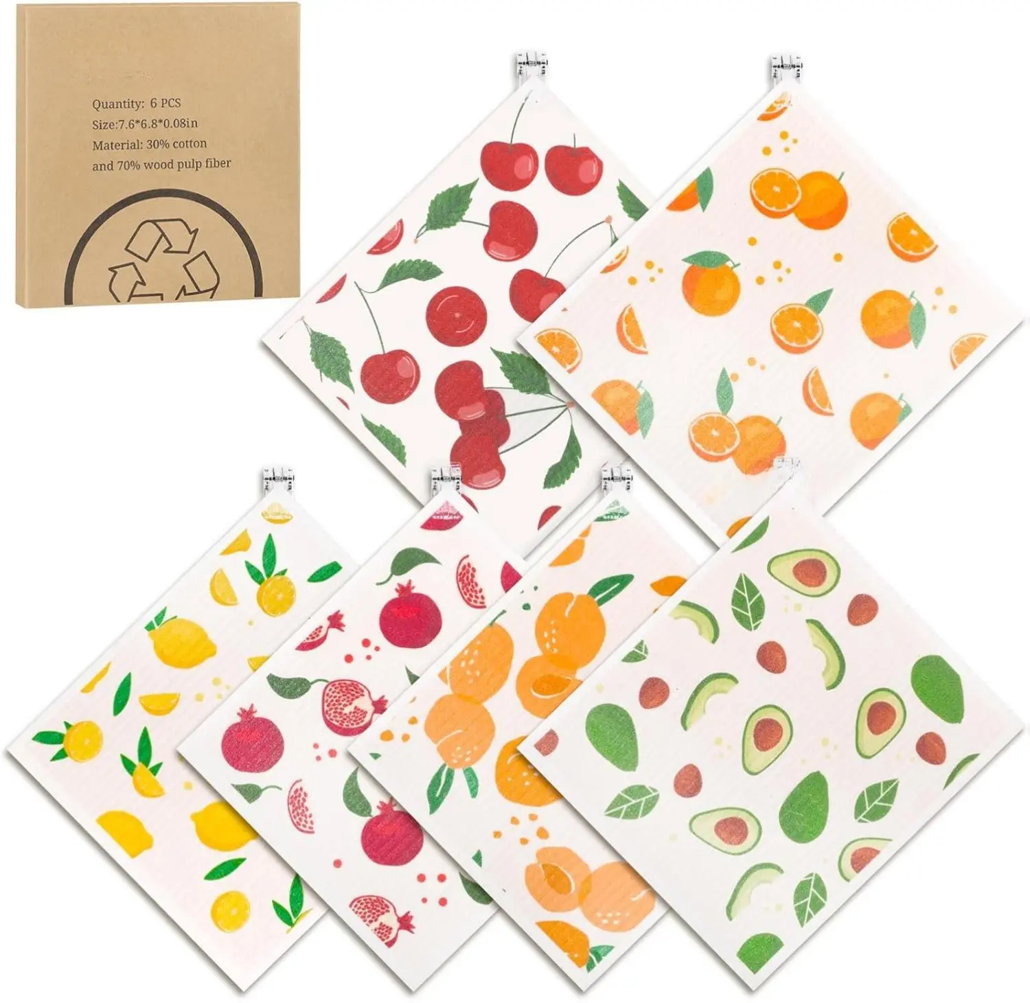 6 Pack Swedish Dishcloths for Kitchen, Swedish Rags Reusable Paper Towels Dish Towels with Clips, Dish Rags Absorbent Dishs Cloth No Odor for Cleaning Home Kitchen（Fruit Patterns）