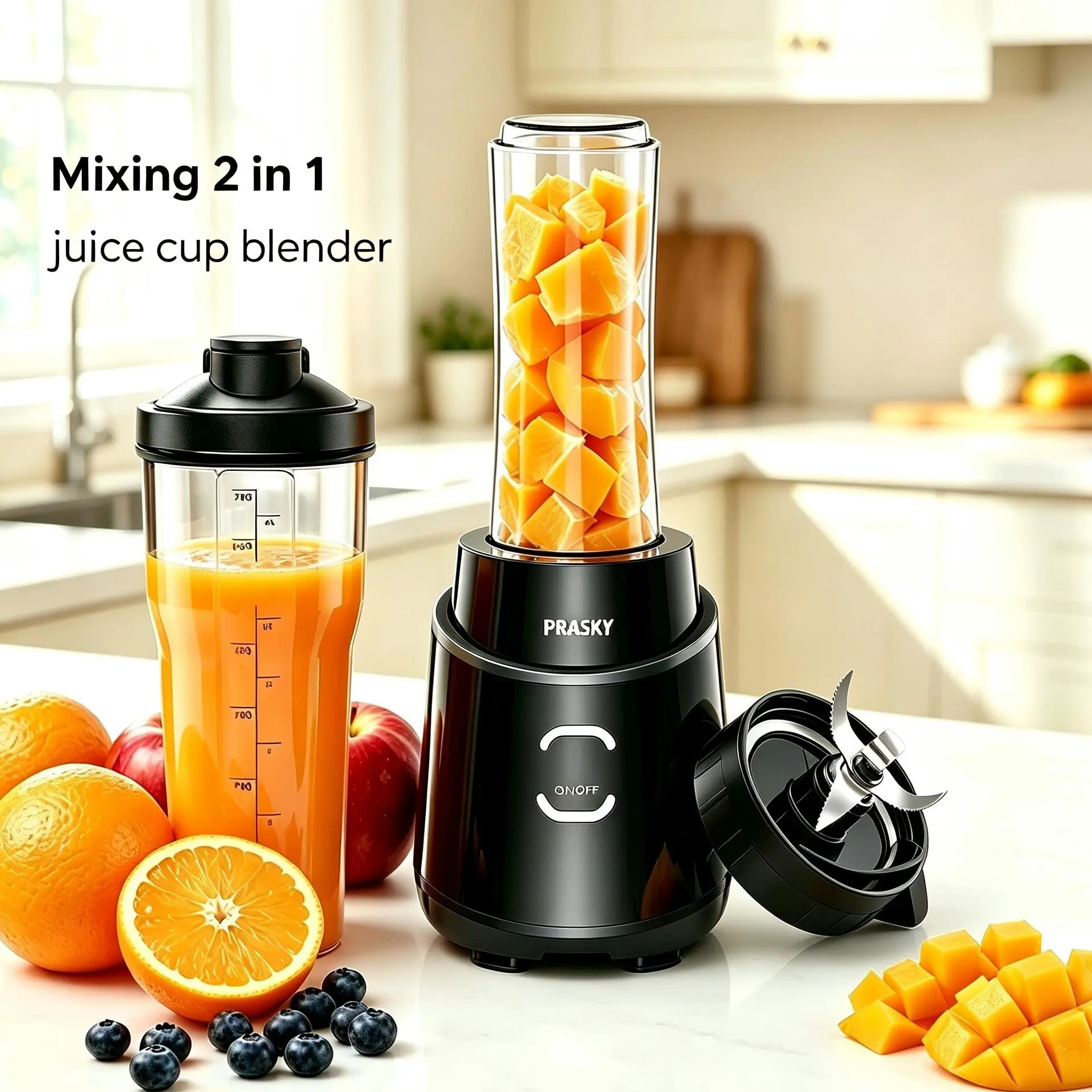 Prasky Pro Stainless Steel Smoothie Blender 900W - 2 Portable Cups (20oz, 24oz), Crushes Frozen Fruit, Ice & Nuts, Easy Clean, Home/Gym Use