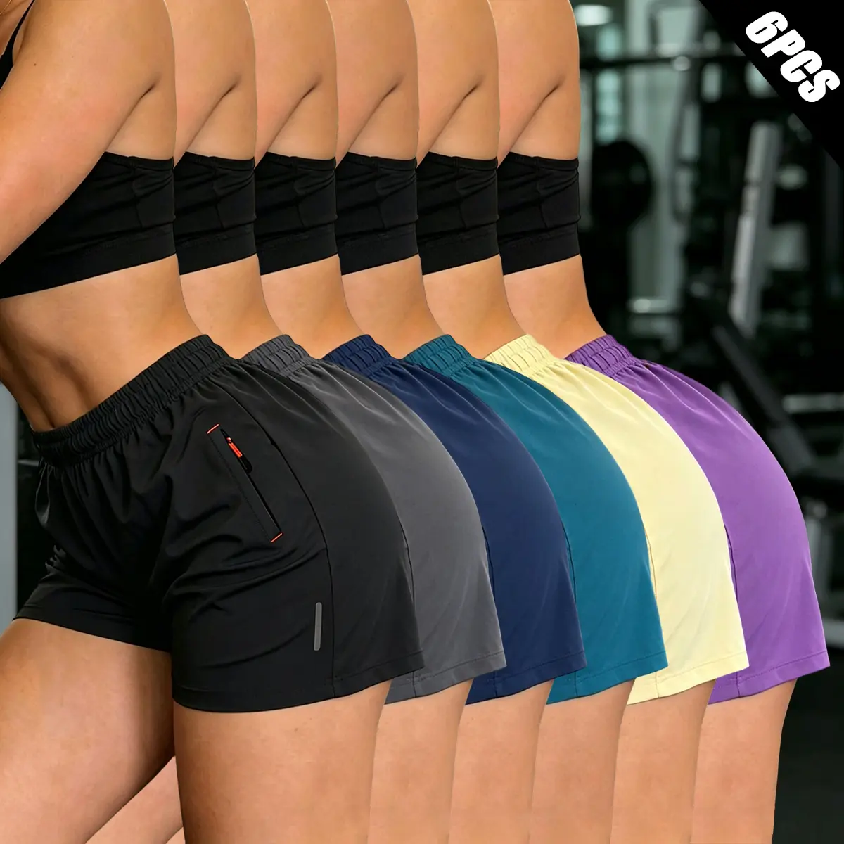 Women's 6-Pack Polyester Running Shorts - Female Sport Wear with Elastic Waistband, Zipper, Side Zippered Pockets, Anti-Chafing Design, Lightweight Breathable Moisture-Wicking Fabric, Reflective Stripes, Loose Fit for Gym, Running, Womens Fitness