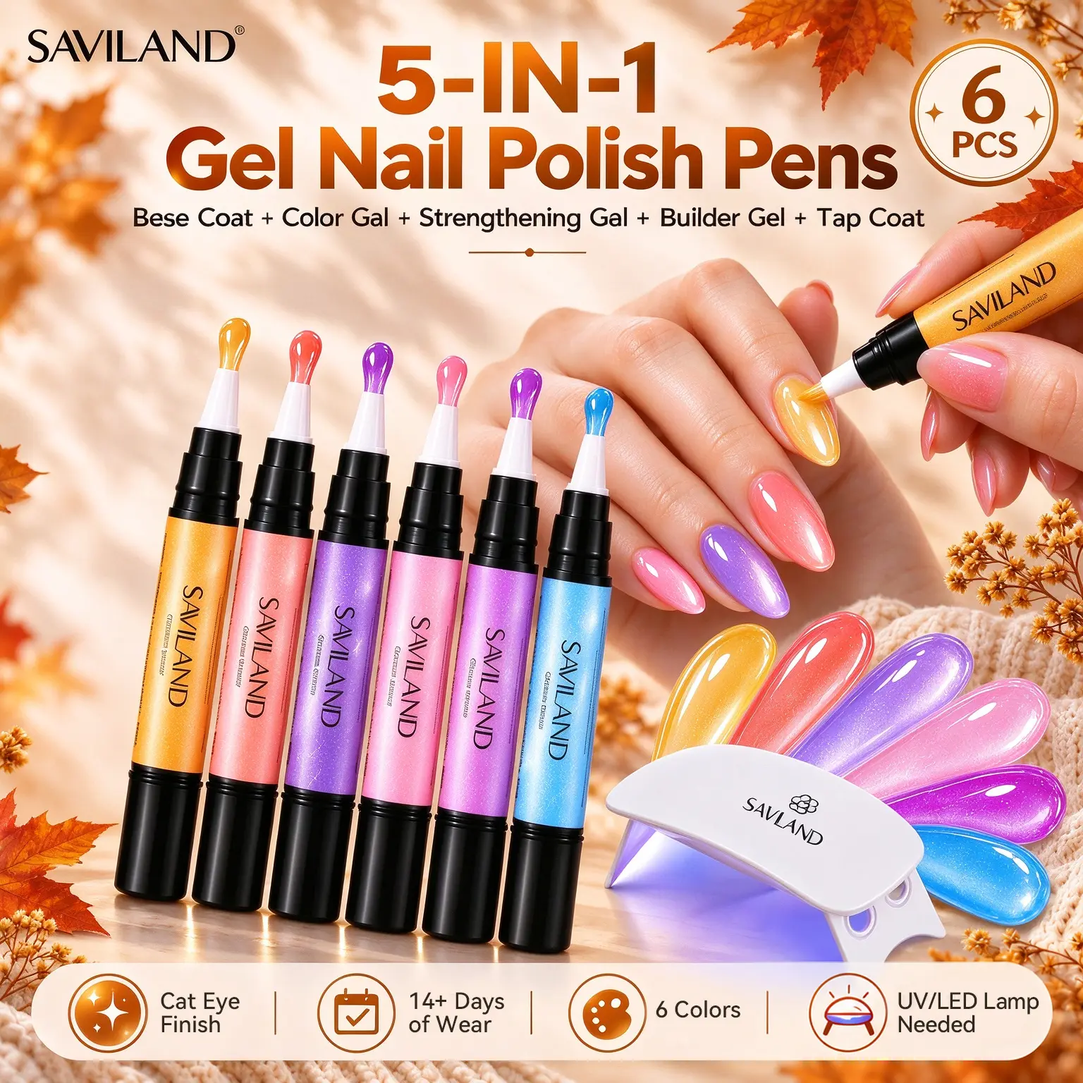 SAVILAND 5-in-1 Aurora Cat Eye Gel Nail Polish Pen - All-in-1 Base, Color & Top Coat, UV/LED Light Cured, Portable DIY Manicure Gift with Smooth Brush, Durable Glossy Finish, Castor Oil Infused, Easy to Apply & Cure, Ballerina Nail Supplies,familyfun