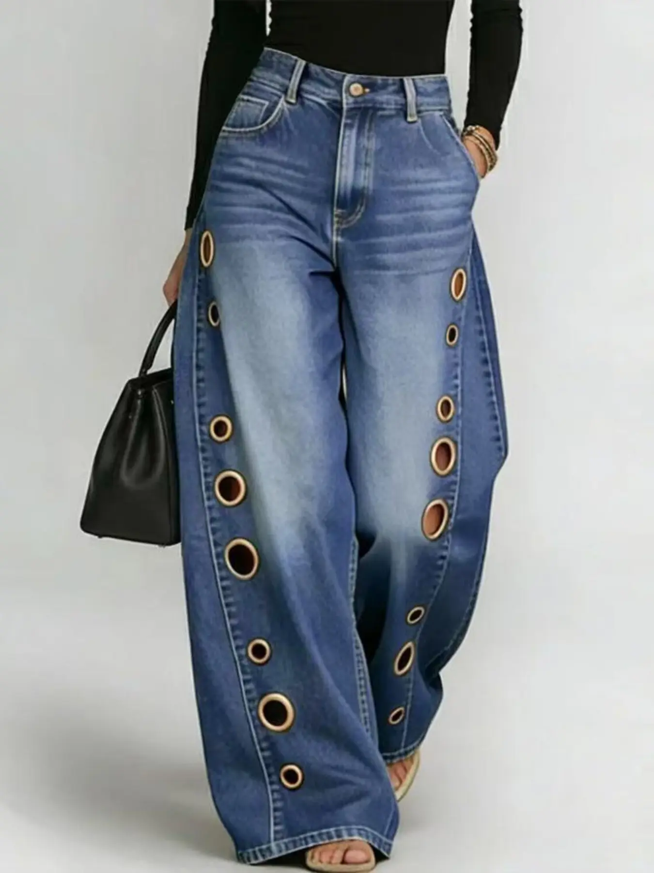 D8773 2026 Spring/Summer Women's Solid-Color Loose Oversized Baggy Jeans Pants with Asymmetrical Metal Eyelet Detail
