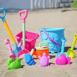 Children's beach and sandbox toy set, Water Playset, suitable for playing with sand and filling with water, a sandcastle toy for beach trips, including a large round sandcastle bucket, sandcastle molds, and a large shovel. The colors are randomly diverse.