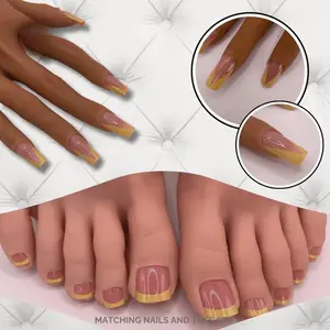 LUXEA_NAILS Mellow Yellow Frenchies Matching Nails & Toes Set - Medium Length with Square Shape, Glossy Finish, Includes 24 Press-On Nails & Toes