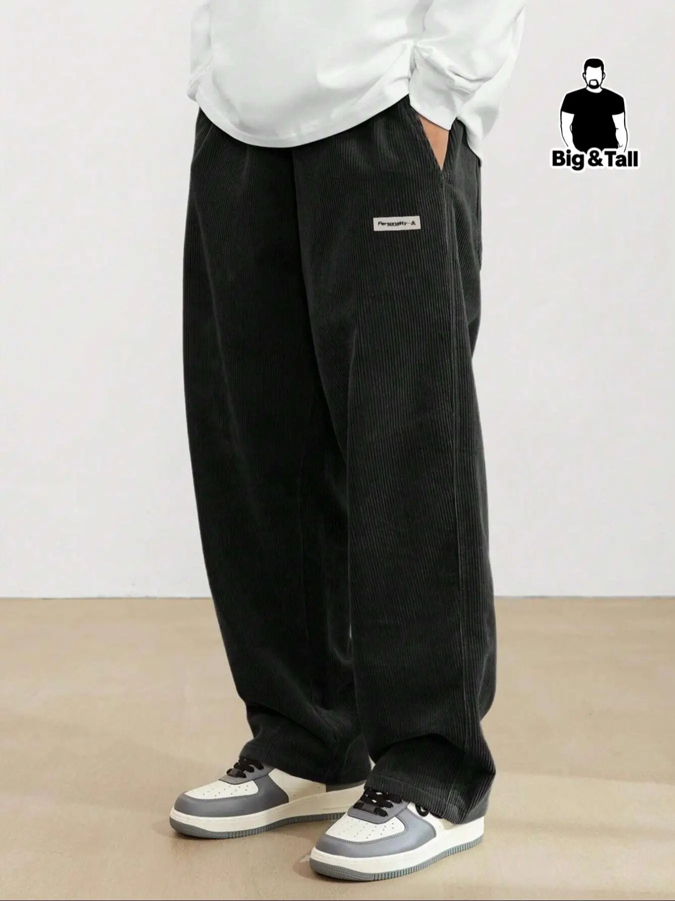 Men's Plus Size Letter Patched Drawstring Waist Corduroy Sweatpants, Casual Loose Fit, Pocket Jogger Pants For Spring & Fall, Fashion Men's Bottoms For Daily Wear, Everyday Street Pants