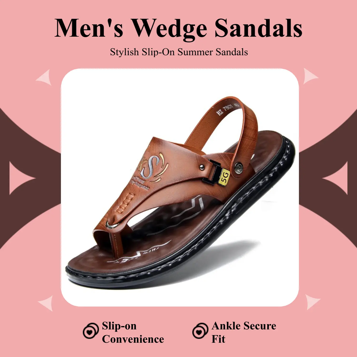 Men's Casual Wedge Sandals - PU Leather Slip-On Ankle-Secure Fit Shoes with Letters, Rubber Sole, Black Brown All Seasons Outdoor Footwear, Ideal Gift for Men Summer Sandles Sandal Wedges campingessentials, Casual Sandal
