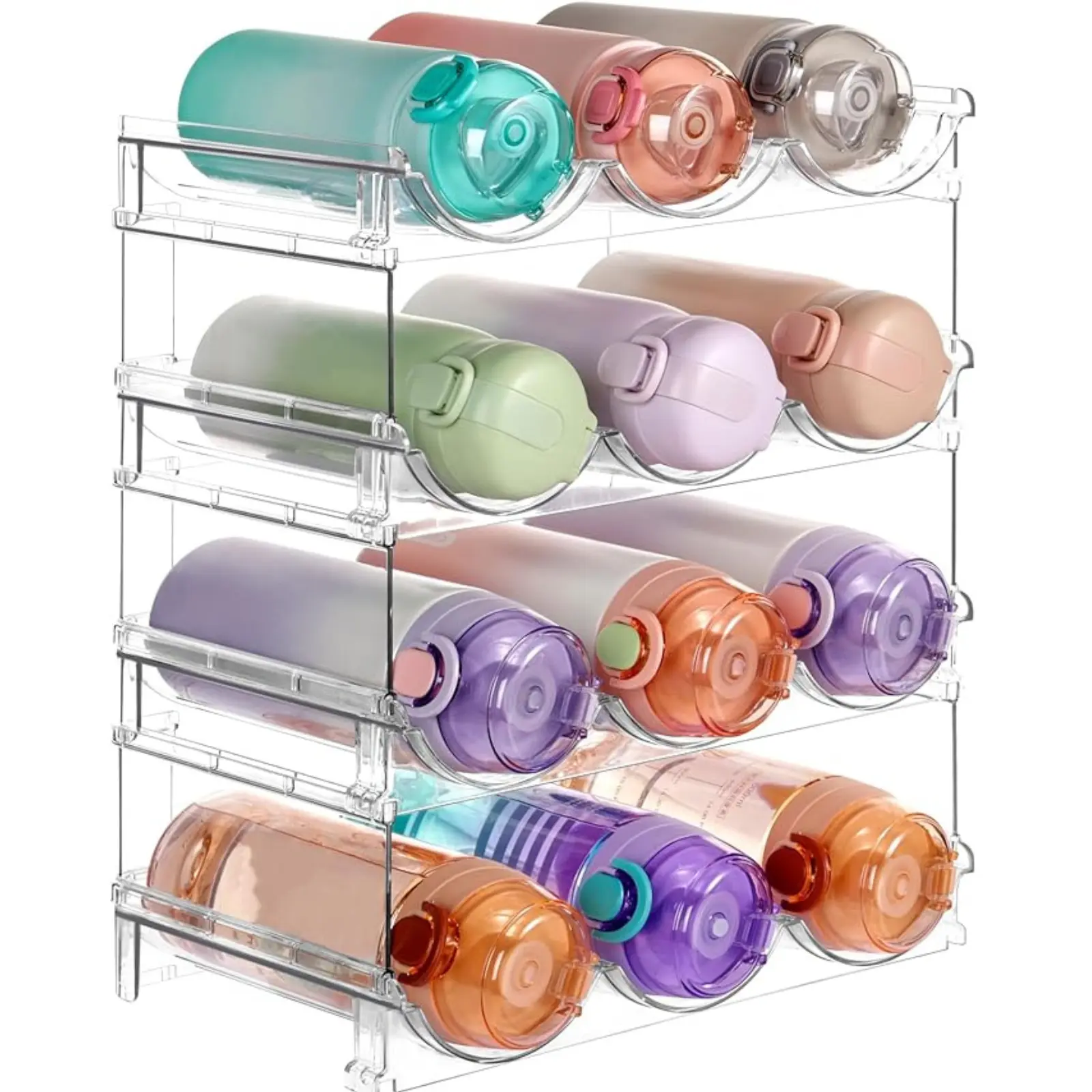 Stackable Water Bottle Organizer Holder, 4 Pack Clear Plastic Cup Storage Rack for Pantry Kitchen Cabinet Cupboard Countertop Organization and Storage, Hold 12 Bottles