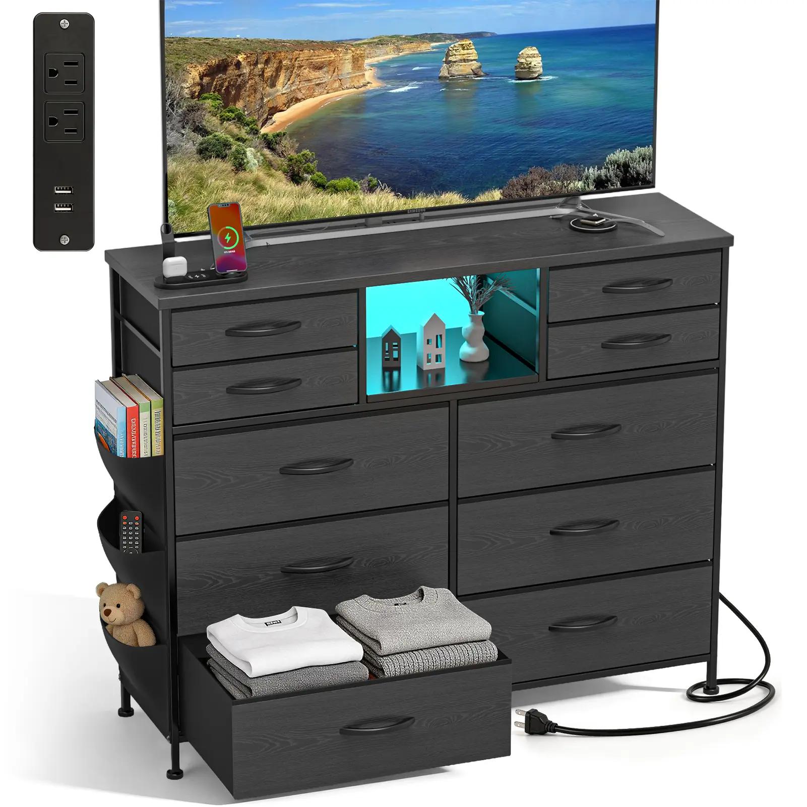 Dresser for Bedroom with 10 Drawers Featuring LED Light and Power Outlet, Fabric Dressers & Chest of Drawers with Open Shelves for Hallway, Living Room, Metal Frame,Wood Top,Father's Day and Mother's Day Gifts