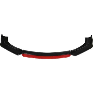 Universal Glossy Black Front Bumper Lip Spoiler Splitter 4 Pieces Kit Red Tongue
