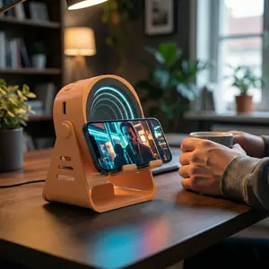 5-in-1 Wireless Charging Phone Stand with Speaker – RGB Desk Setup Light, Power Bank, Adjustable Holder for Bedside & Office (Perfect Gift)