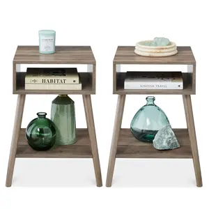 Best Choice Products Set of 2 Mid-Century Modern End Tables w/ Cubby Storage, Lower Shelf, Offset Legs