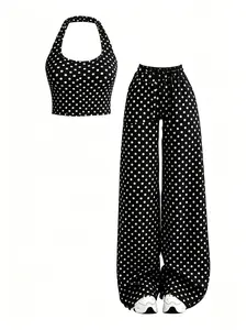 American Style Y2K Fashion Polka Dot Set, Crop Top + High Waist Wide Leg Pants, Ideal for Streetwear, Parties, Travel, Women's Clothing