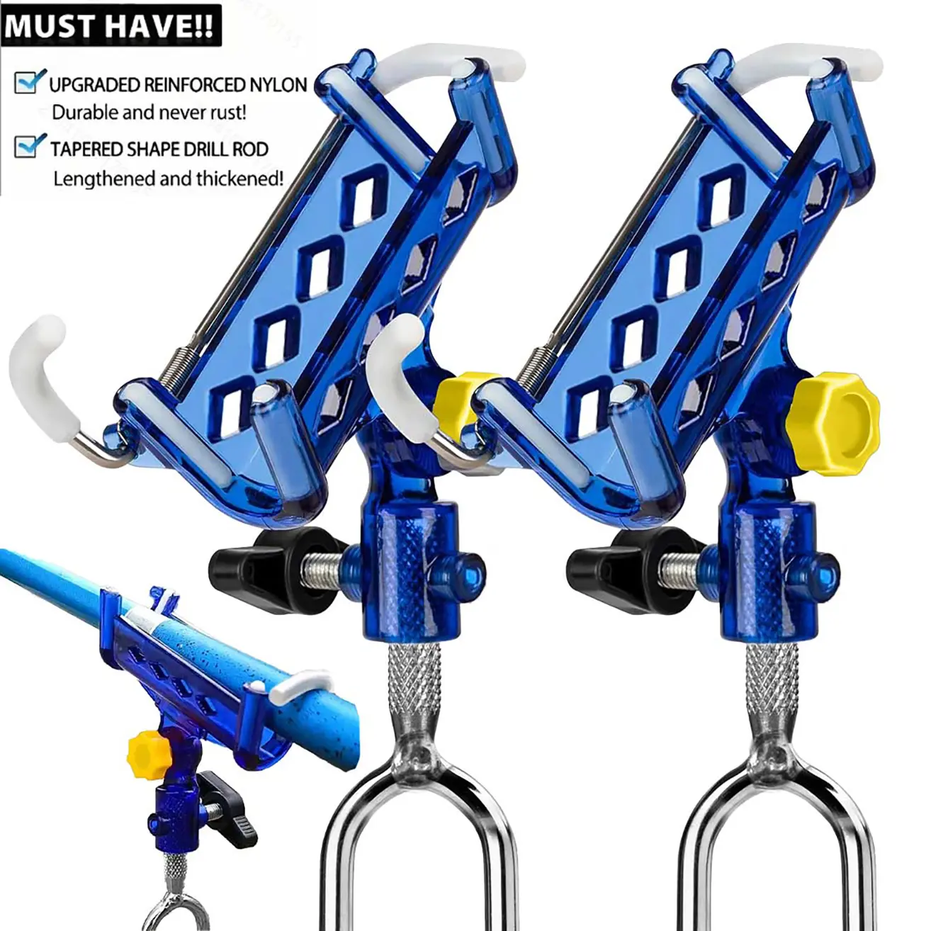 2-Pack Stainless Steel Bank Fishing Rod Holders - 360° Adjustable, Auto Lock, Quick Release, Ground/Beach Spike Stand, Anti-Shake Hands-Free Shore Fishing Tool