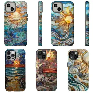 Sunset Sea Wave Faux Stained Glass Collection Printed Tough Phone Case for iPhone