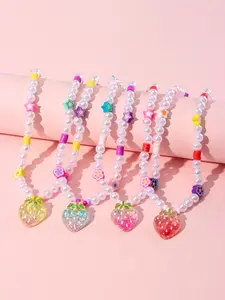 4pcs/set Acrylic Strawberry Pendant Bracelet Set, Cute Floral Design, Perfect for Girls' Birthday Parties, Casual Wear, All Seasons