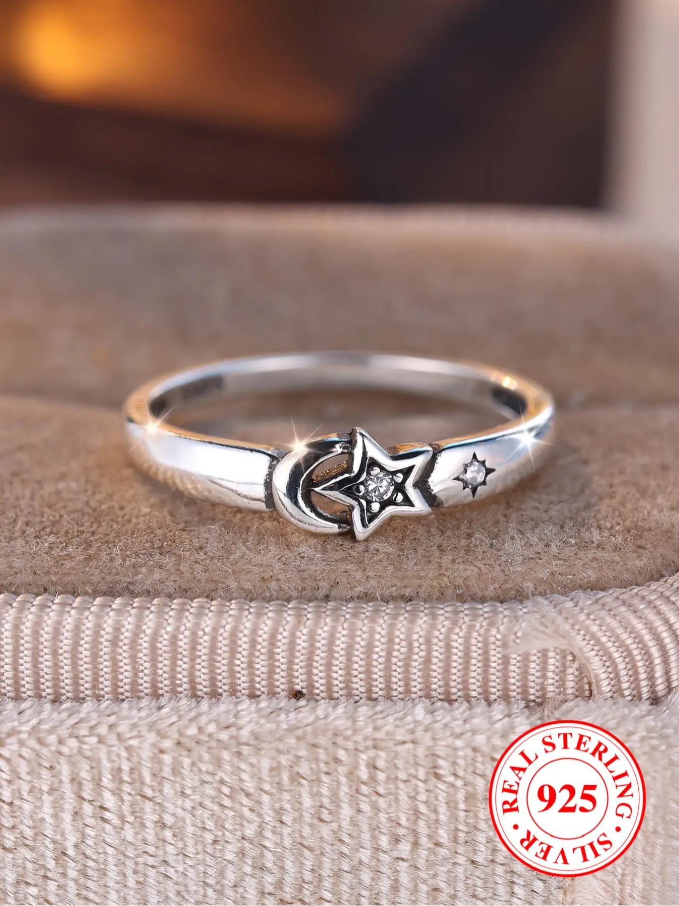 S925 Sterling Silver Vintage Moon & Star Design Ring, Fashion Accessories for Women & Men, Trendy All-match & Exquisite Jewelry for Birthday Gift