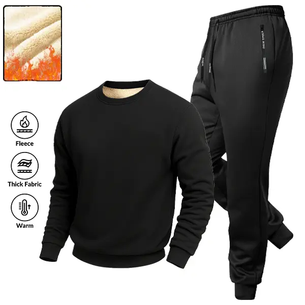 Men's 2-Piece Plain Fleece-Lined Thick Casual Menswear Set - Long Sleeve Round Neck Sweatshirt, Full-Length Pants, for Autumn Winter, Father's Day Gift Clothes Suits Top Gamis Trouser Motocross