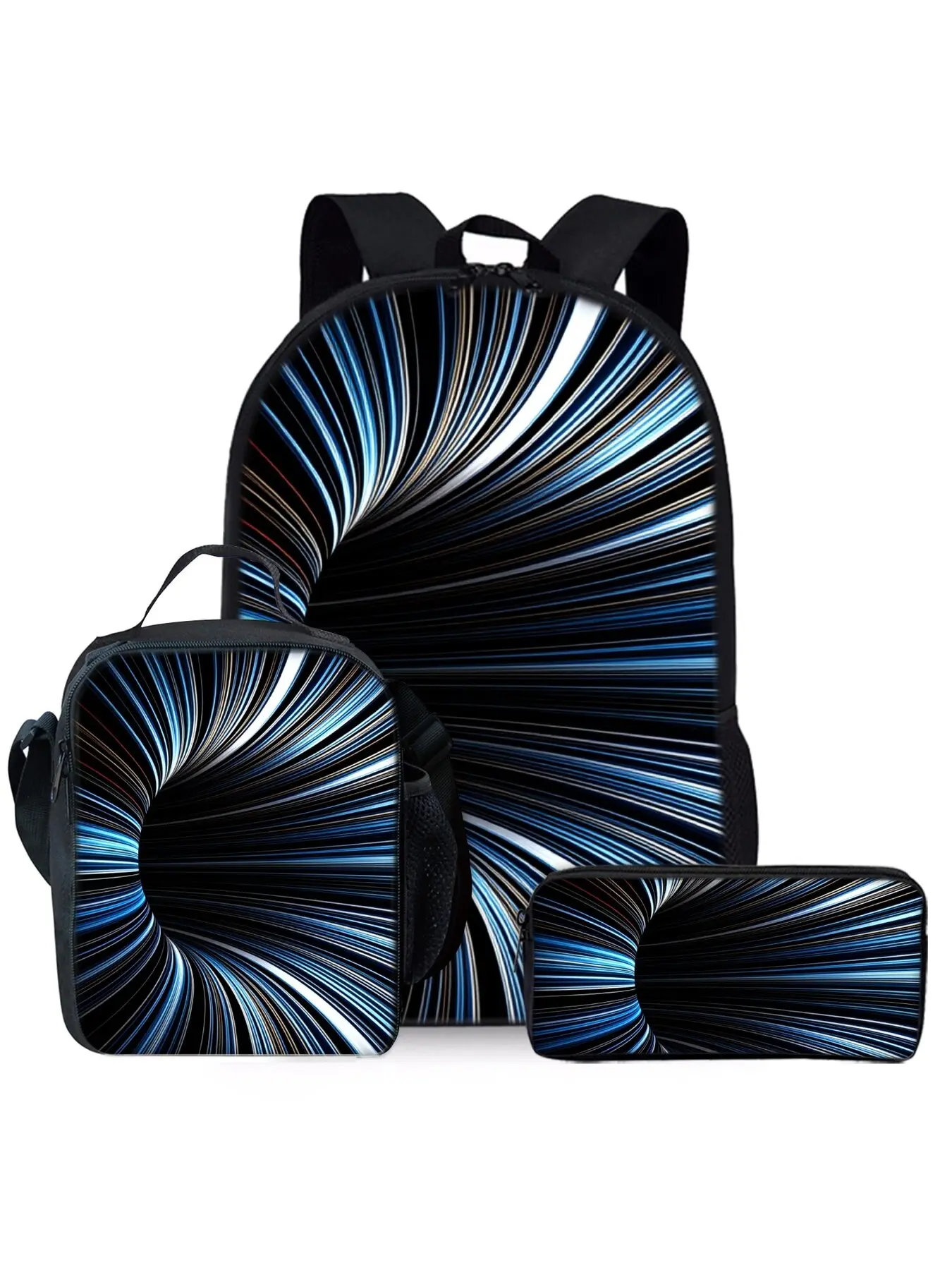This three-piece backpack set features a laser vortex pattern print and includes a lunch bag and a pencil case.