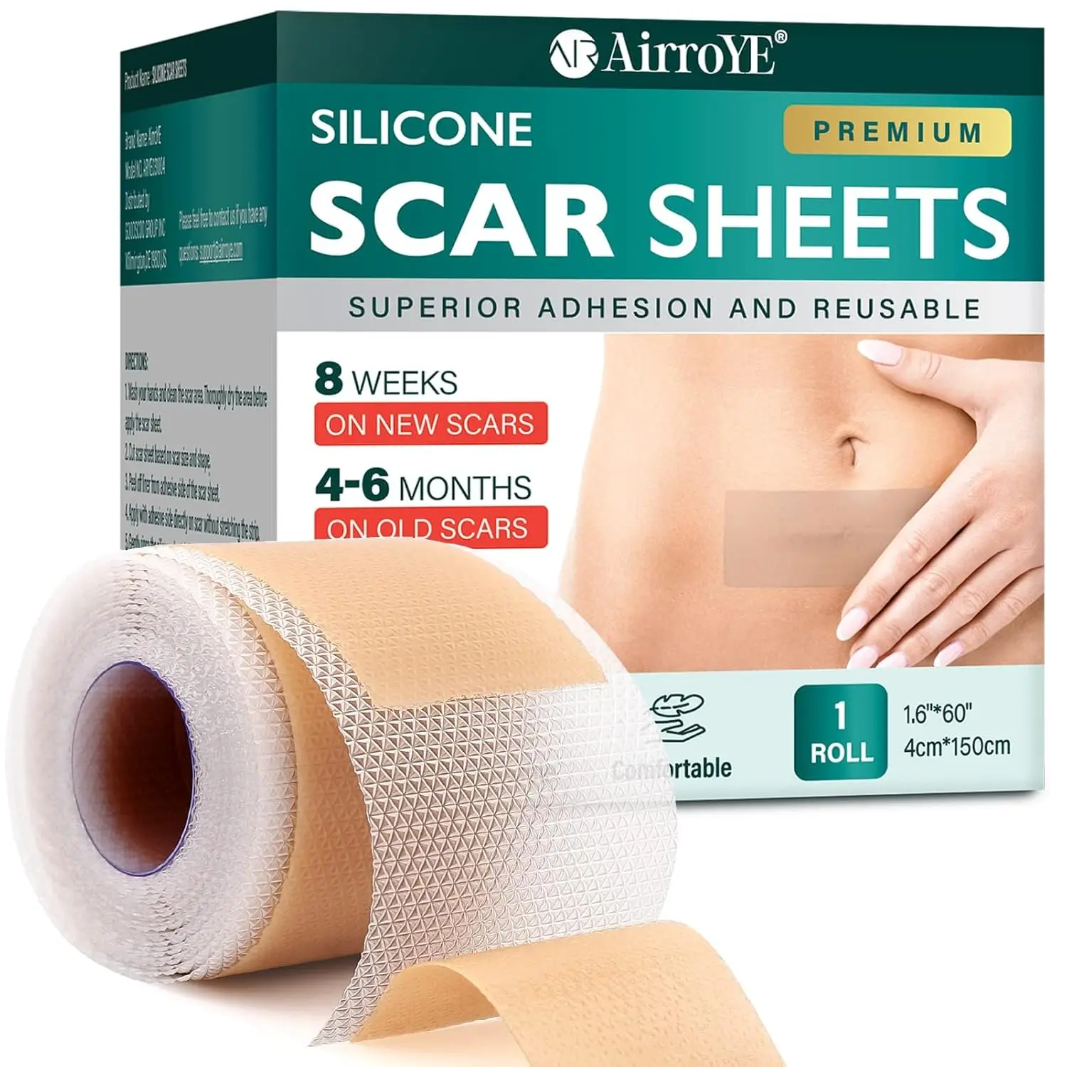 Silicone Scar Sheets, Silicone Scar Tape (1.6"x 60" Roll-1.5M), Reusable and Effective Scar Removal Sheets, Silicone Scar Removal Sheets for Surgical Scars, Healing Keloid, C-Section, Tummy Tuck