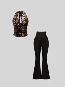 Two-piece Set Women's Solid / Leopard Print Halter Neck Sleeveless Top & Flare Leg Pants, Casual Fashion Cozy Top & Bell Bottom Trousers for Daily Outdoor Wear, Ladies Matching Clothing Set for Summer Womenswear Tank Top Set